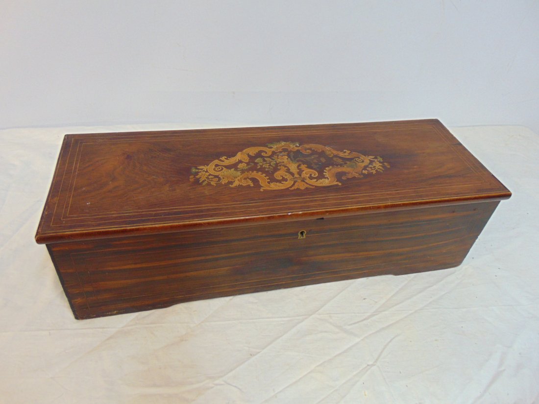 French inlaid music box, cylinder player, rosewood case with exotic wood inlays, "Fabrique de  Piece (1 of 8)