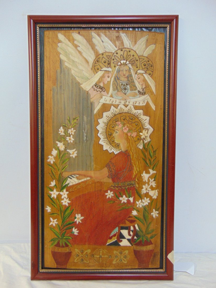 Mixed media on panel, girl playing organ with angels looking down, painted on panel with applied dec (1 of 6)