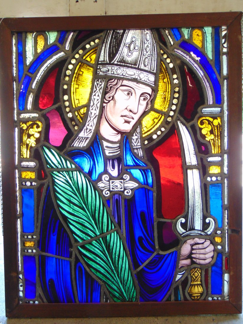 Leaded and stained glass window, religious scene with saint holding sword, in good condition, window (1 of 9)