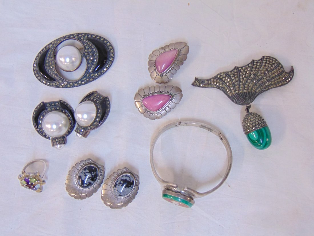 Lot sterling jewelry, bracelet with micro mosaic bird , silver Marcasite pin with malachite acorn, (1 of 9)