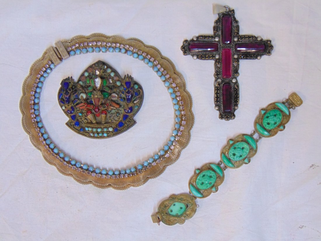 Lot decorative costume jewelry, glass encrusted cross, brass & colored stone pin, brooch etc (1 of 6)