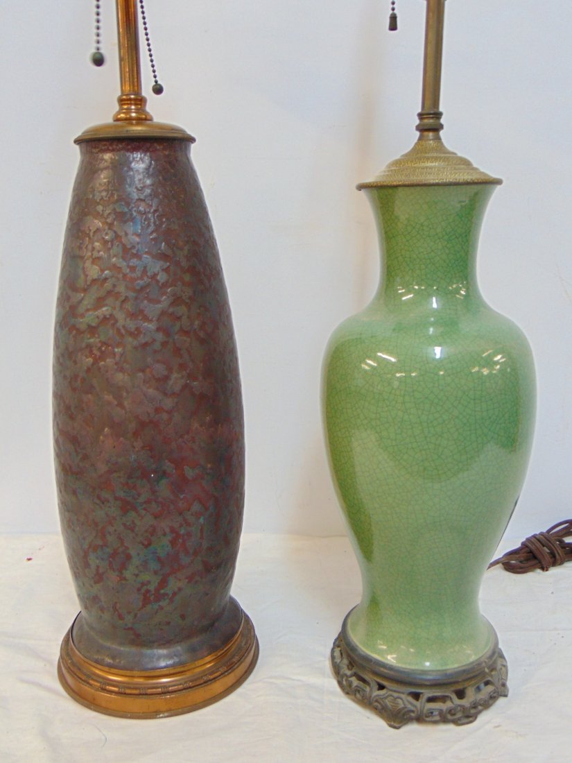 2 table lamps, green Asian  & art pottery, metallic red, light green Chinse table lamp on metal base (1 of 7)