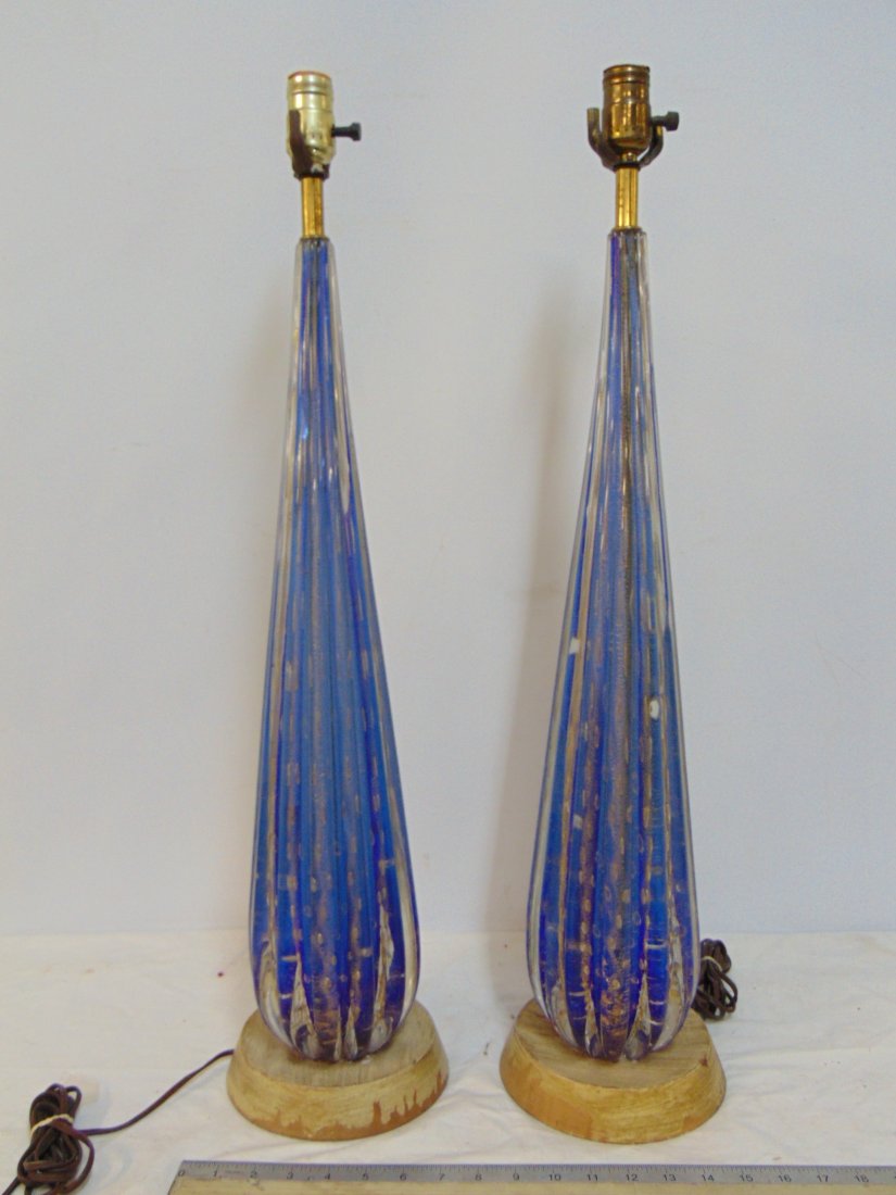 Pair tall Murano art glass lamps, MCM design, in blue with gold specks, small hairline top! (1 of 9)
