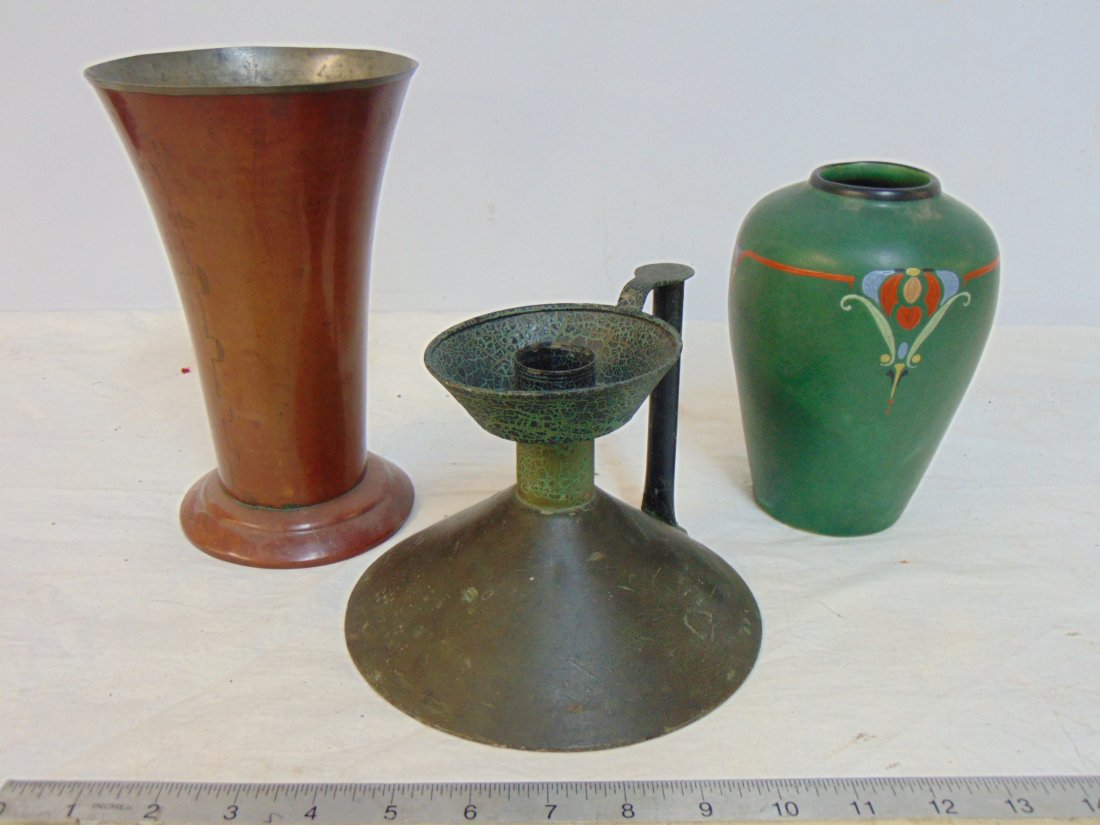 Arts & Crafts lot, art pottery vase, copper vase & tole candle holder, copper vase by G.A. Adolf & S: Arts & Crafts lot, art pottery vase, copper vase & tole candle holder, copper vase by G.A. Adolf & Son, Mora, height is 8 3/8", art pottery vase in green with painted decoration, height is 6.5" & tole