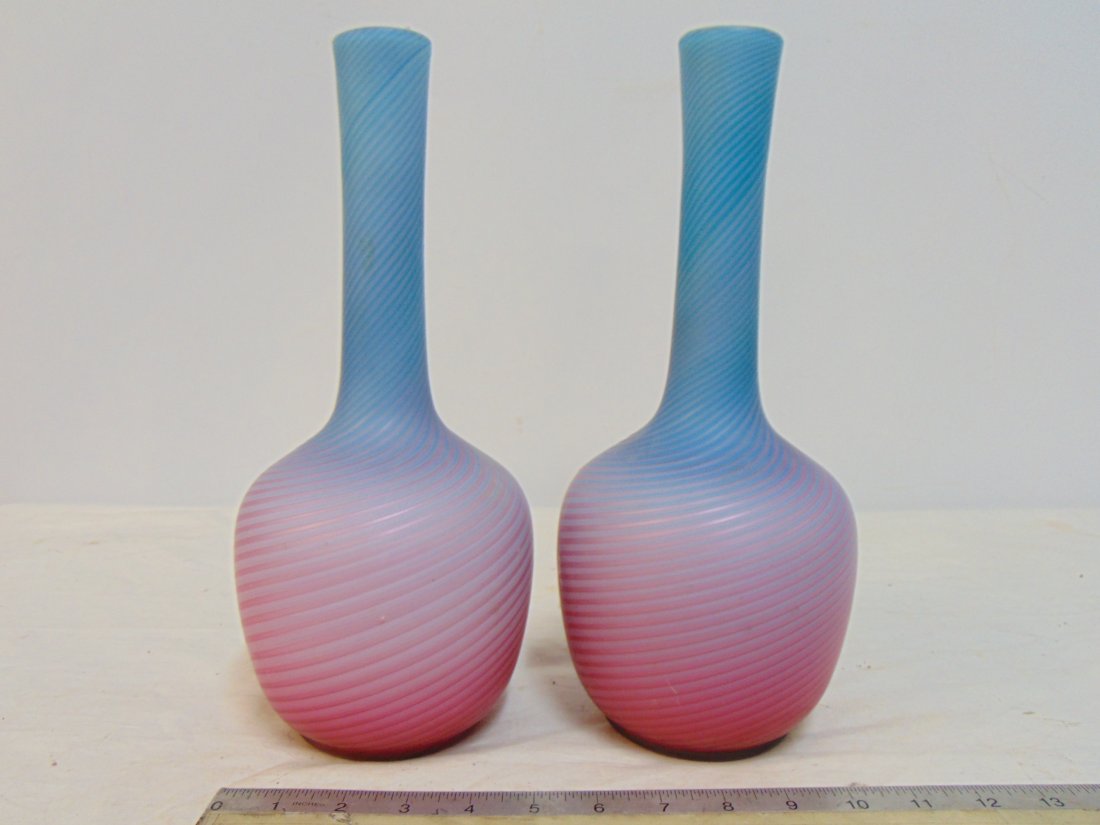 Pair Stevens & Williams vases, rainbow satin glass in blue to pink with swirl, spiral design (1 of 6)