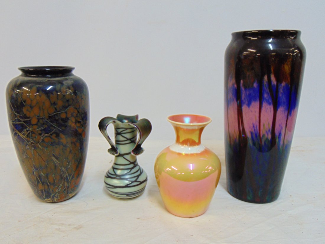 4 art glass vases, luster peach colored trumpet vase, 6.5", folded ribbon top vase in white (1 of 14)