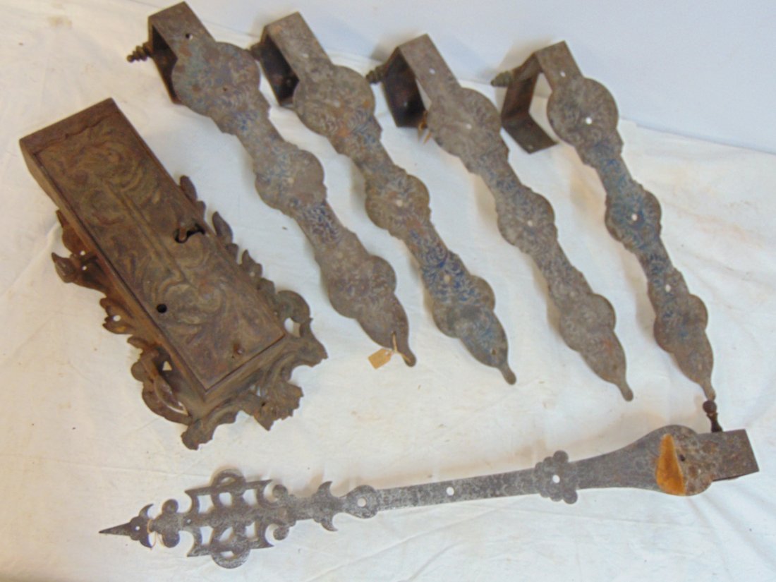 Lot 18th Century iron locks, hinges, including a large ornate iron box lock, set of 4 matching strap (1 of 12)