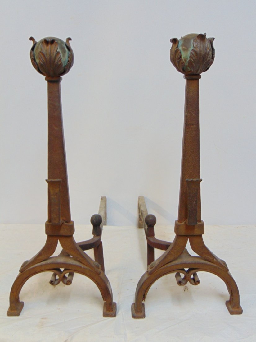 Pair art & crafts wrought iron andirons with copper ball finials, andirons are 24.25" tall, depth is: Pair art & crafts wrought iron andirons with copper ball finials, andirons are 24.25" tall, depth is 21", cross bar is missing