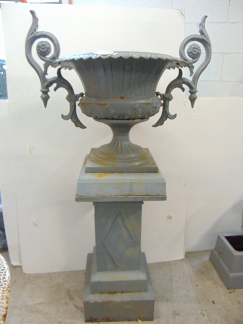 Large cast iron garden urn on pedestal base, base is extremely heavy (not original to top), in grey (1 of 7)