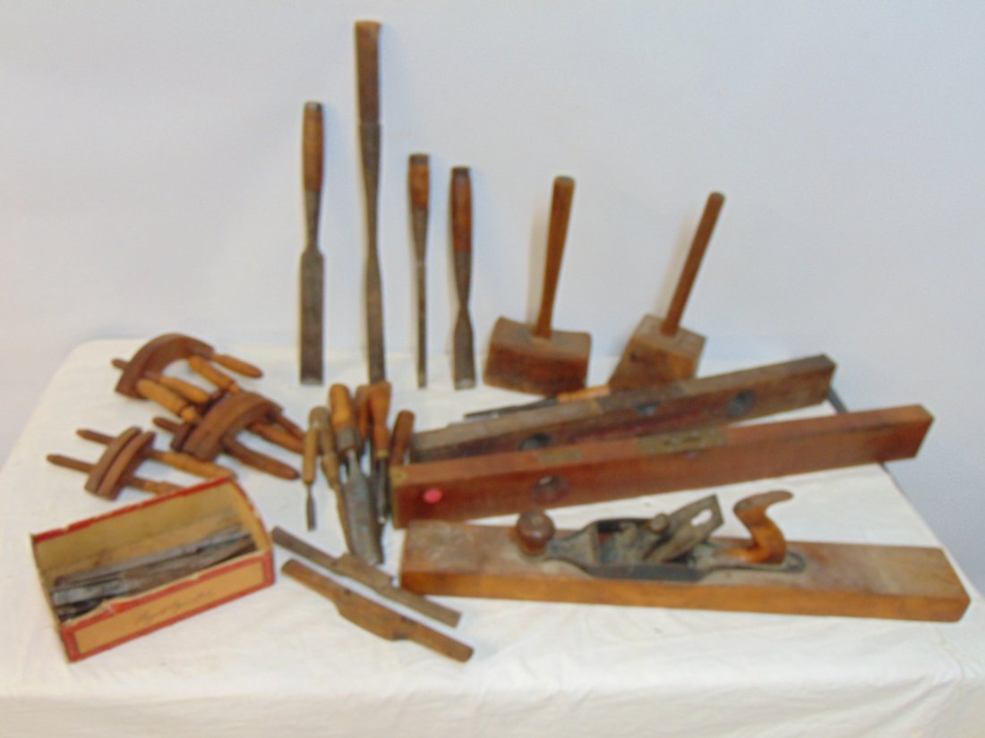 Large lot early tools, chisels, clamps, wood plane, early wood levels & more, please see images for (1 of 8)