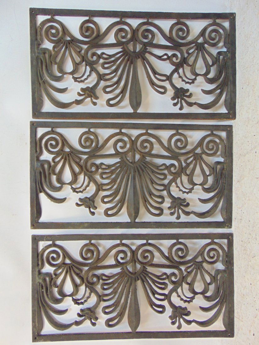 3 decorative metal grates with floral, fan design, each panel is 15.5" by 29.75", two have small pie (1 of 4)