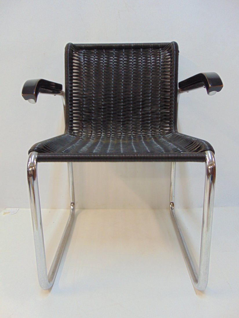 Marcel Breuer arm chair, continuous tubular steel frame, unusual form, black woven seat & back, no l (1 of 6)