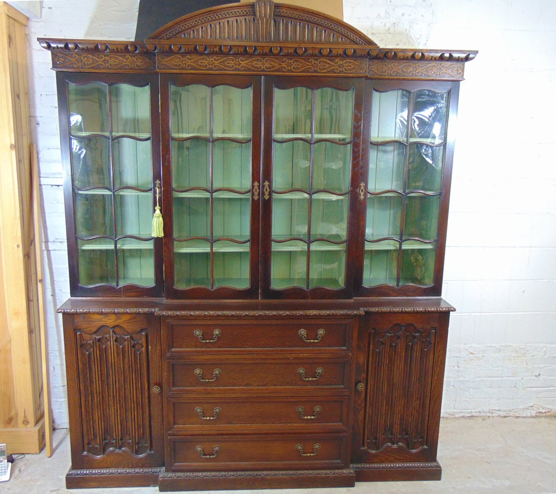 Large oak breakfront, 4 glass door top, drawers base flanked by linenfold carved doors, cabinet is 7 (1 of 7)