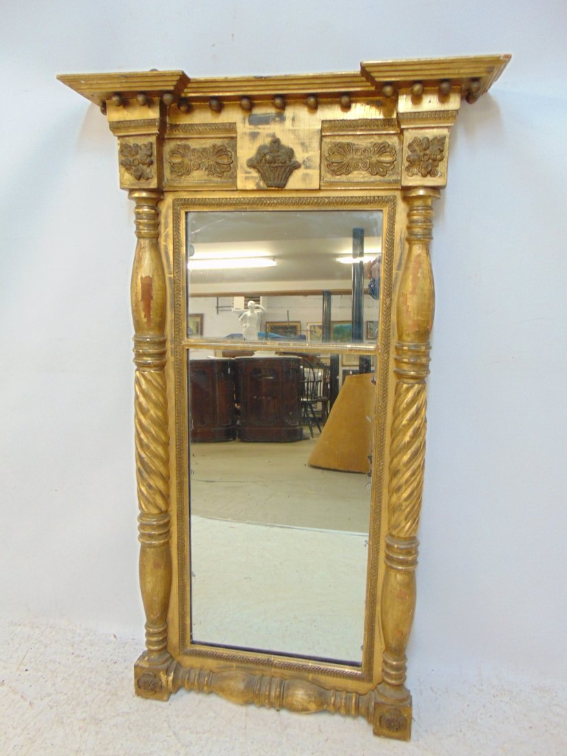 Antique two panel gilt mirror, "John Williams",with carved flower basket & applied decoration, back: Antique two panel gilt mirror, "John Williams", with carved flower basket & applied decoration, back is partially missing, 19th Century, two pieces top side molding missing, mirror is 48" tall, width