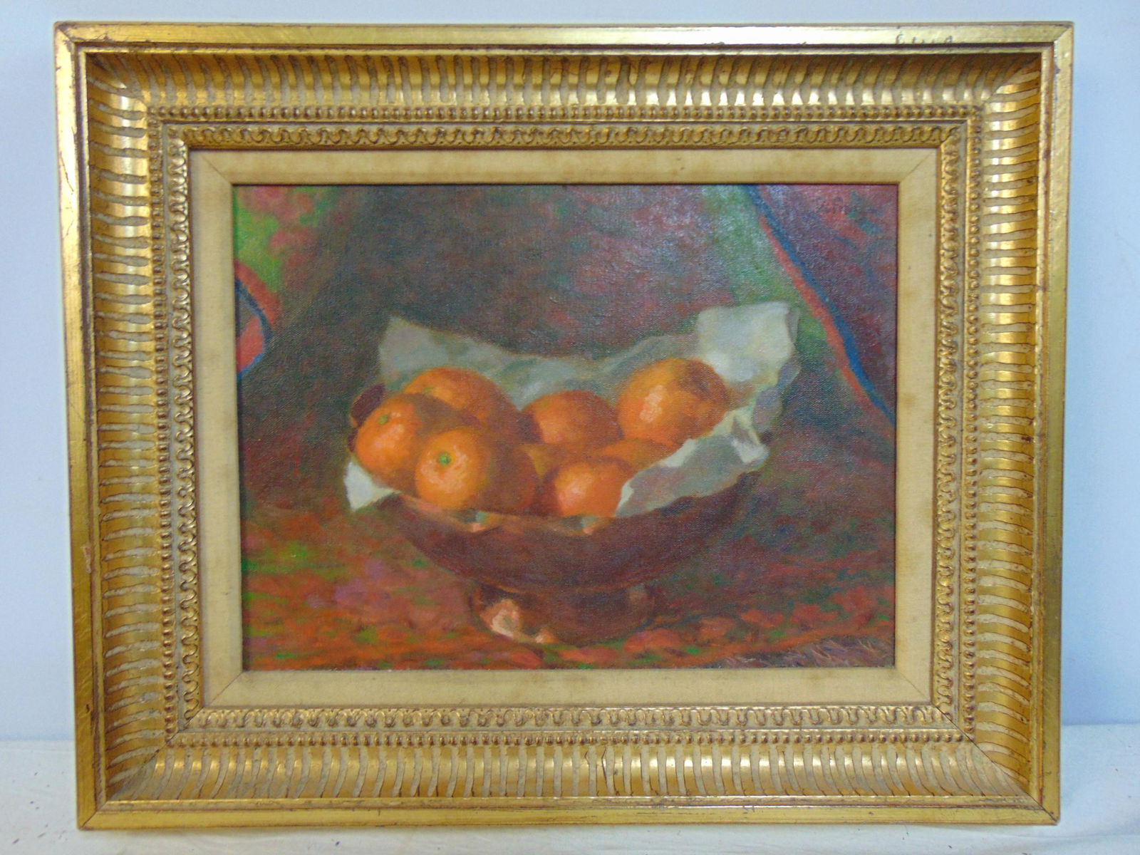 Painting, still-life oranges, by Americo DiFranza, oil on canvas, in gilt frame, canvas is 12" by (1 of 4)