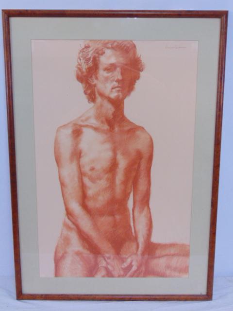 Drawing, crayon, study man, Americo DiFranza, conte drawing in red, with Katonah Gallery label, (1 of 4)