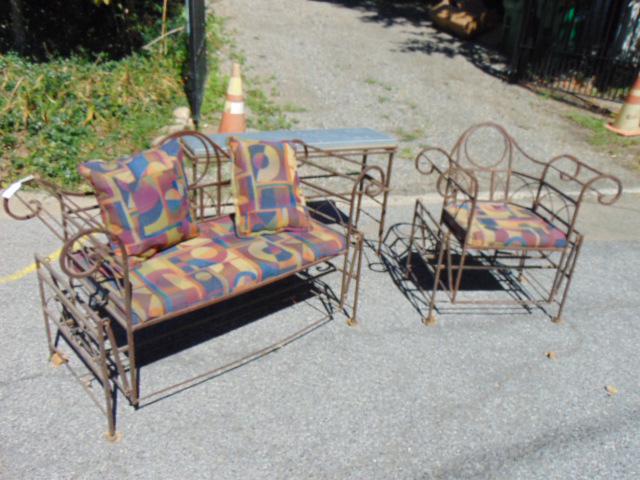 3 piece iron patio set with glider chair, loveseat & slate top plant stand, with cushions, plant (1 of 8)