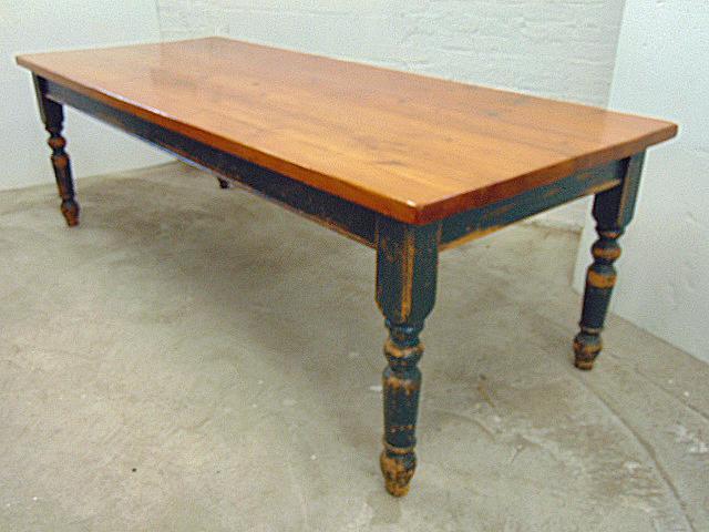 Large farm table, pine top, blue painted skirt & legs, table is 8 feet long, 39" wide, 30.5" tall, (1 of 6)