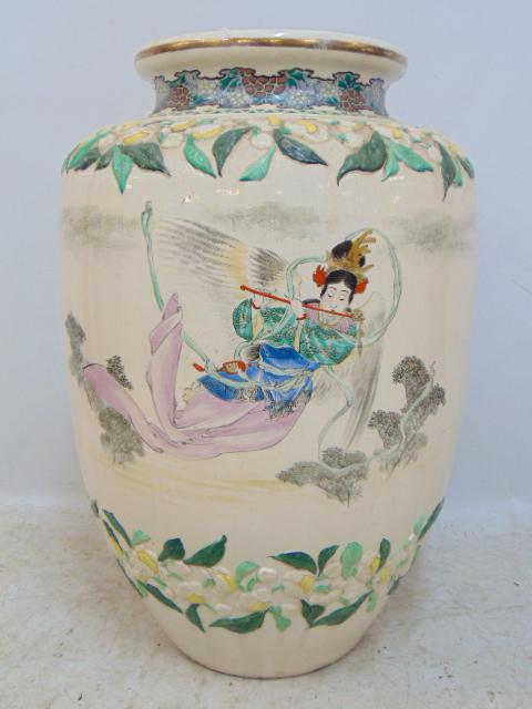 Large Japanese urn, with floral bands & figures, vase, or urn is 28" tall, in good condition. (1 of 8)