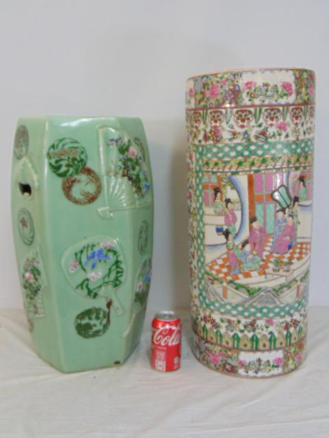 Chinese porcelain garden seat & signed umbrella stand, green porcelain garden seat (1 of 19)
