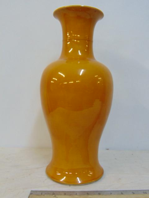 Chinese vase in orange, drilled for lamp, comes with lamp parts, vase is 17" tall, old R.H. Macy &: Chinese vase in orange, drilled for lamp, comes with lamp parts, vase is 17" tall, old R.H. Macy & Co label.
