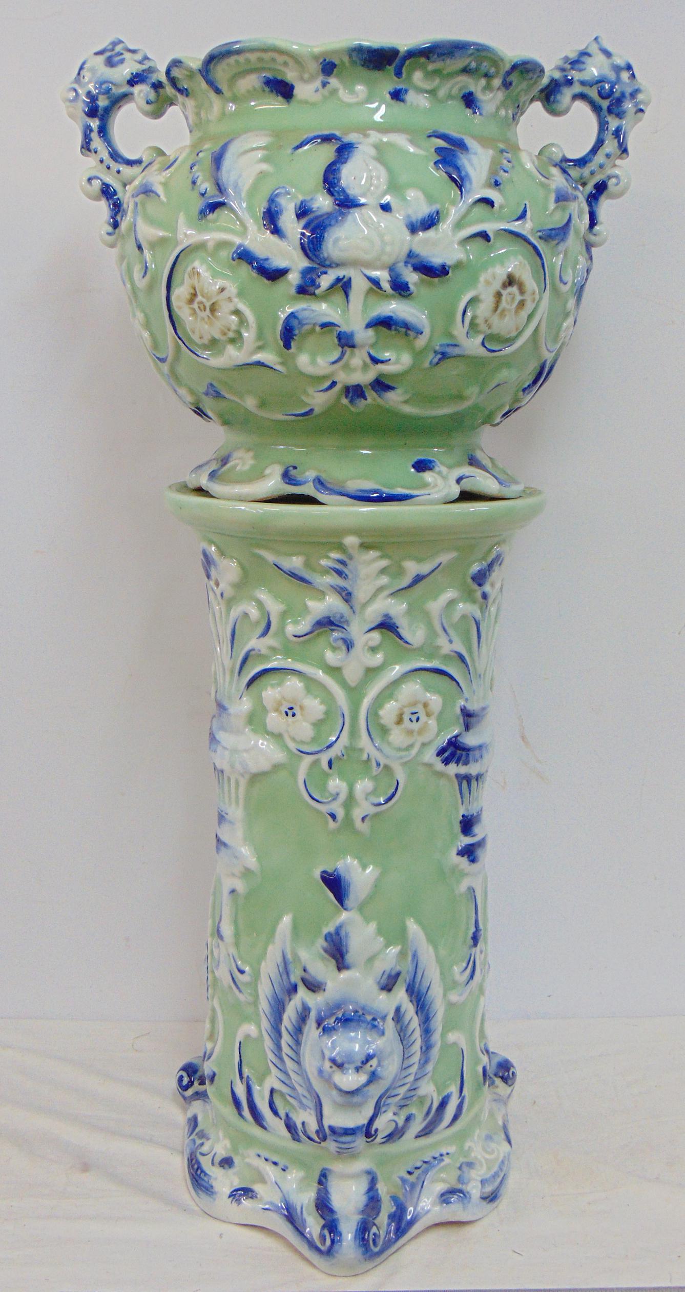 Chinese Celadon jardiniere & pedestal, decorated with blue & white flowers, birds, large chip & old (1 of 8)