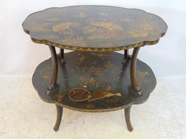 Oval two tier Asian chinoiserie table, decorated with birds, boats, flowers, fans, appears Japanese, (1 of 7)