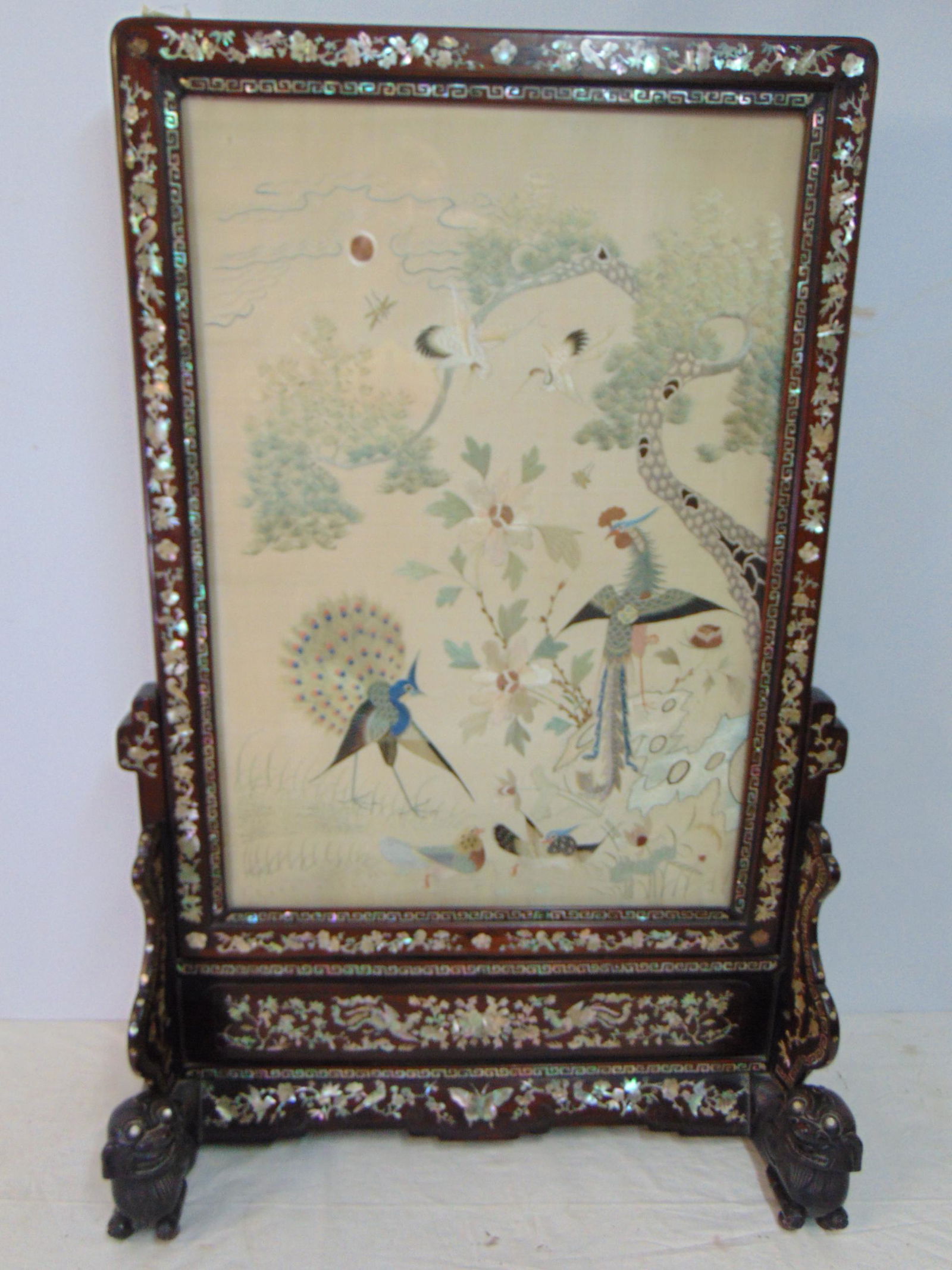 Chinese fire screen with silk embroidered screen in carved rosewood & mother of pearl inlaid stand, (1 of 18)