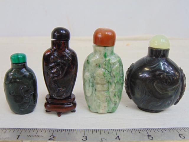 4 small carved stone snuff bottles, carved Jade (?), stone, some caps not original, smallest bottle (1 of 5)