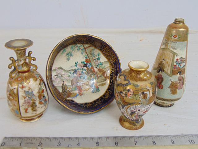 4 small Satsuma porcelain vases, bowl, Japanese porcelain, 3 small cabinet vases, one small bowl, (1 of 12)