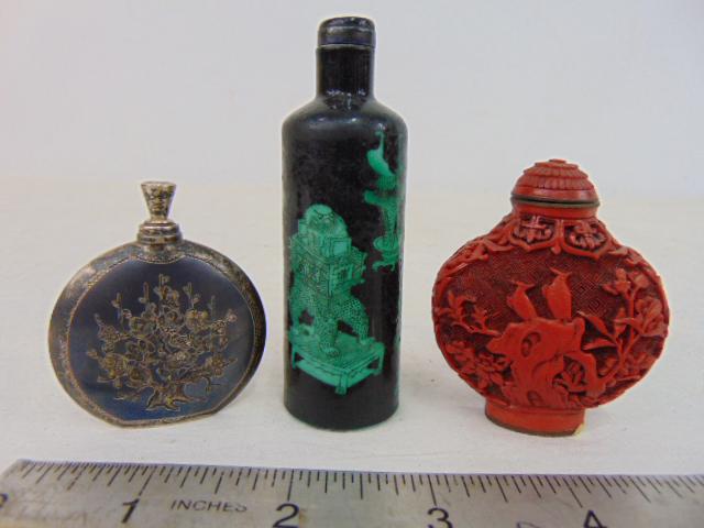3 small snuff bottles, carved cinnabar, porcelain & sterling bottle. (1 of 4)