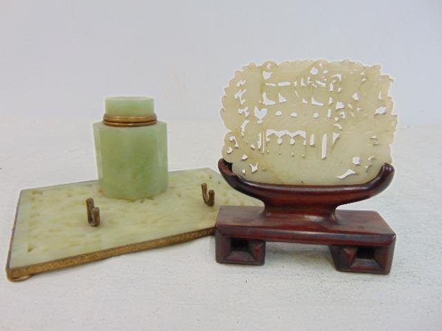 Carved Jade plaque on stand & Jade desk piece with pen holder & inkwell, white carved Jade carving (1 of 8)
