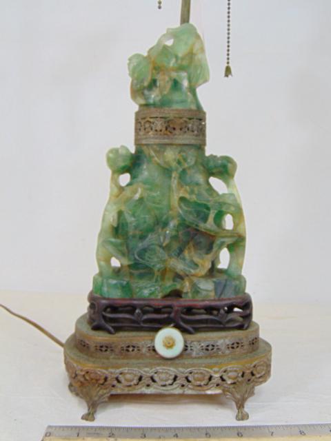 Jadeite carved lamp, carved stone, on brass base, various flowers, height is 14" excluding socket (1 of 8)