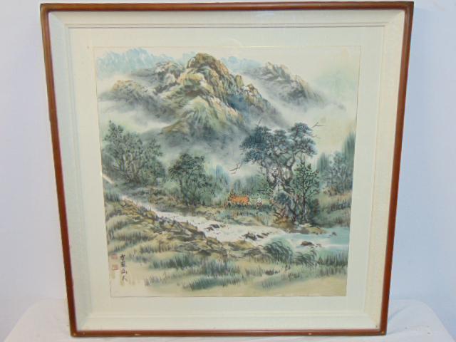 Chinese print, lithograph (??), figure in landscape with plow, signed , 25.5" by 25.5" approx. size, (1 of 5)