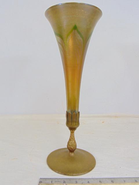Tiffany Studios art glass trumpet vase on gilt bronze base, vase marked L.C.T., vase has straw mark (1 of 8)