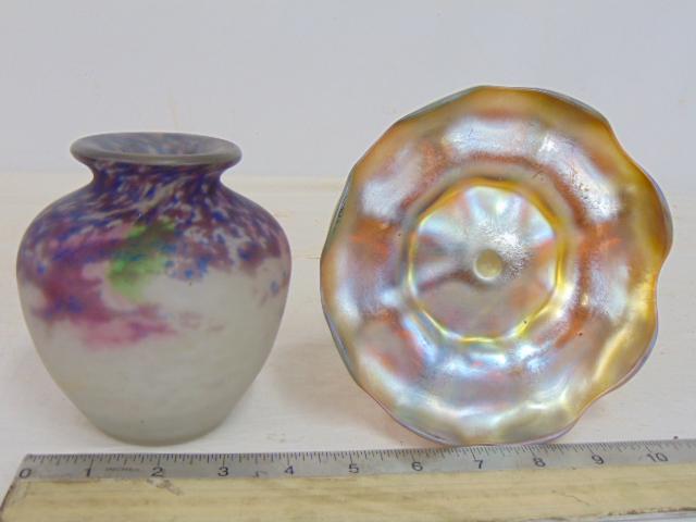 Tiffany art glass dish & Muller Freres Luneville art glass vase , favrile glass dish is marked (1 of 8)