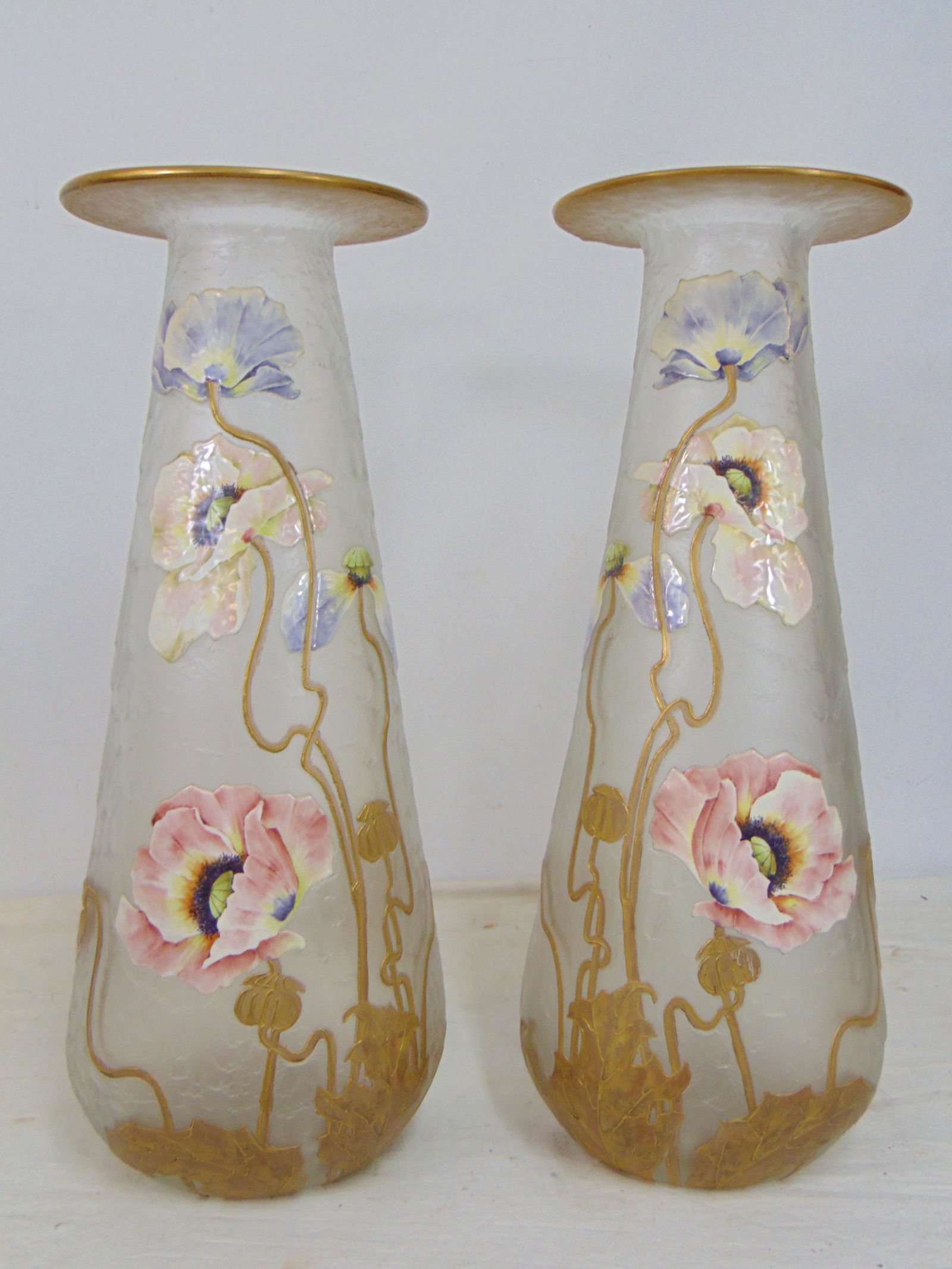 Pair Mont Joye enamel decorated vases, monumental in size, excellent in quality, frosted ice glass (1 of 12)