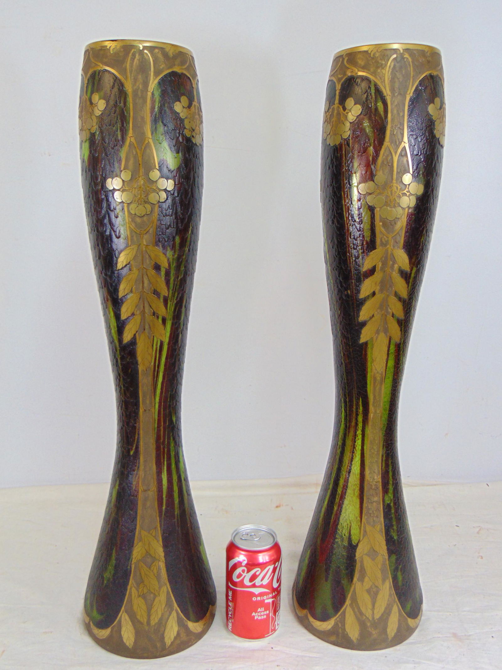 Exceptional pair of Theodore Legras gilt decorated acid cutback art glass vases, Francois-Theodore (1 of 11)