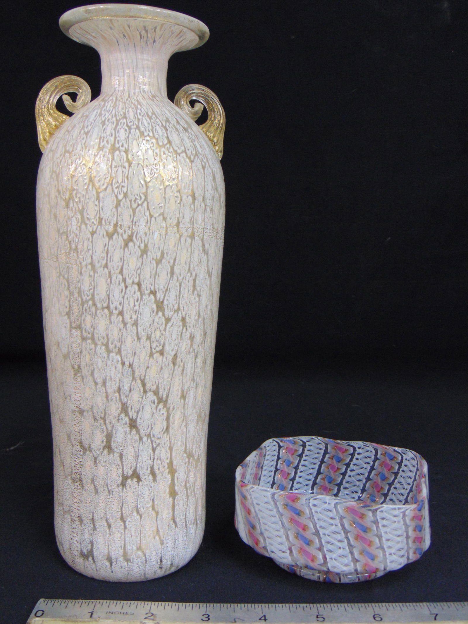 Gambaro & Poggi Murano art glass vase & small bowl, vase decorated with gold flakes & air bubbles, (1 of 10)