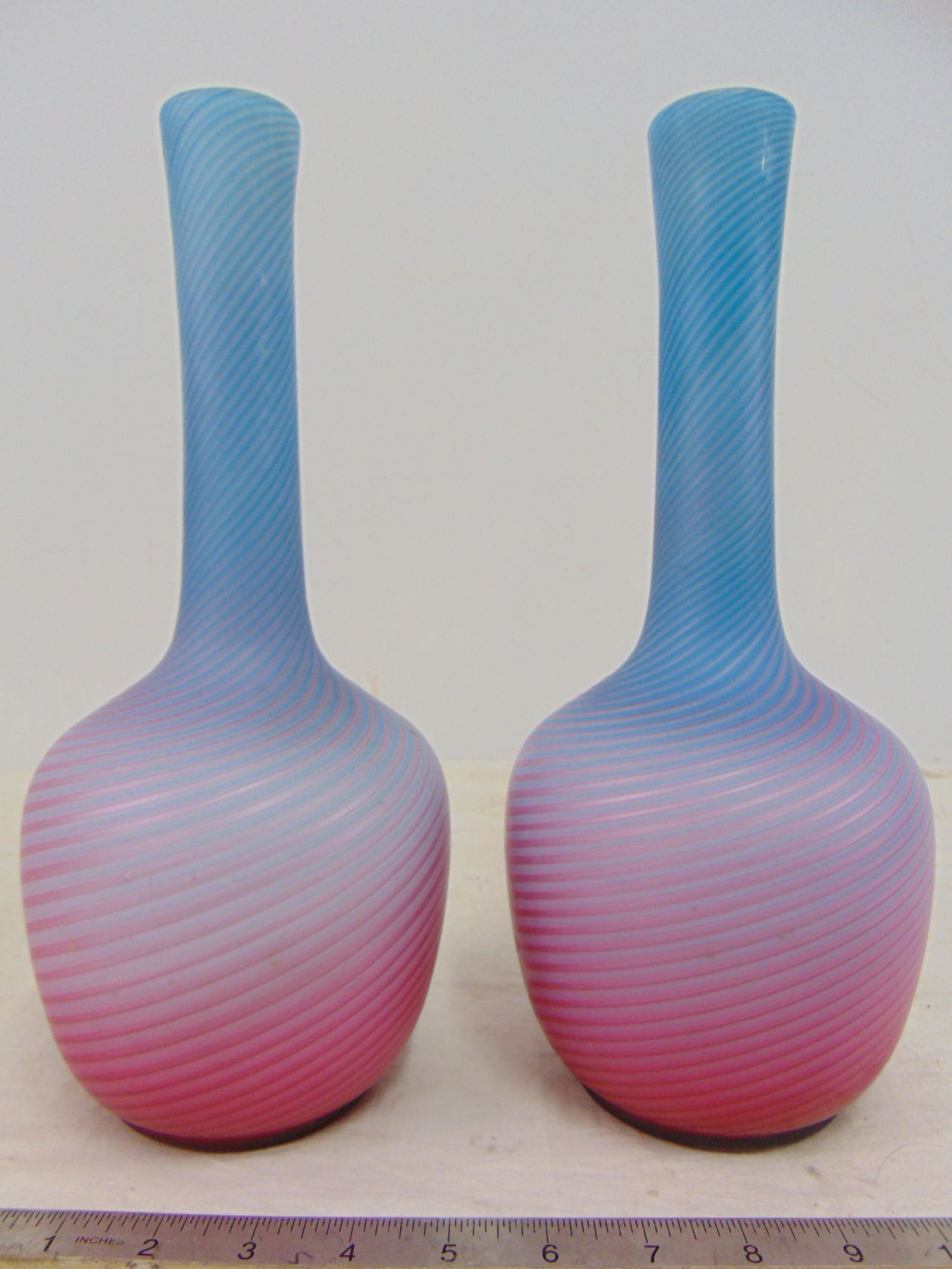 Pair Stevens & Williams vases, rainbow satin glass in blue to pink with swirl, spiral design, vases (1 of 12)