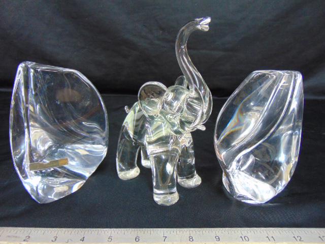Pair Daum art glass bookends & glass elephant, elephant signed illegibly, bookends are 6" tall, in (1 of 8)