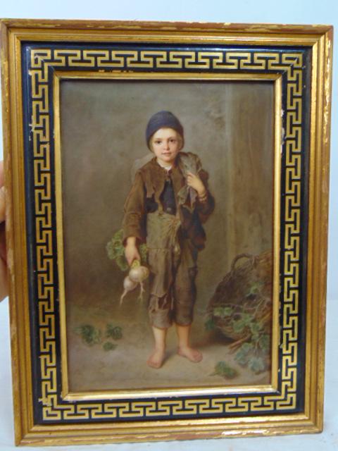 KPM porcelain painted plaque, pauper boy in rags holding onion, unsigned, KPM mark on reverse, in (1 of 8)