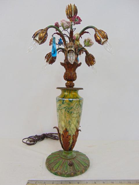 Art glass table lamp, base, art glass & painted metal table lamp with 7 arms, sockets with applied (1 of 7)