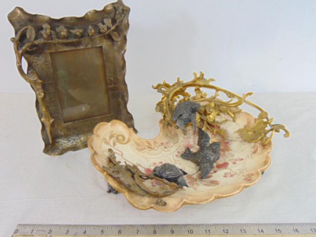 Bronze bird decorated frame & Royal Bonn porcelain bronze mounted dish with birds, frame is 6.75" by (1 of 9)