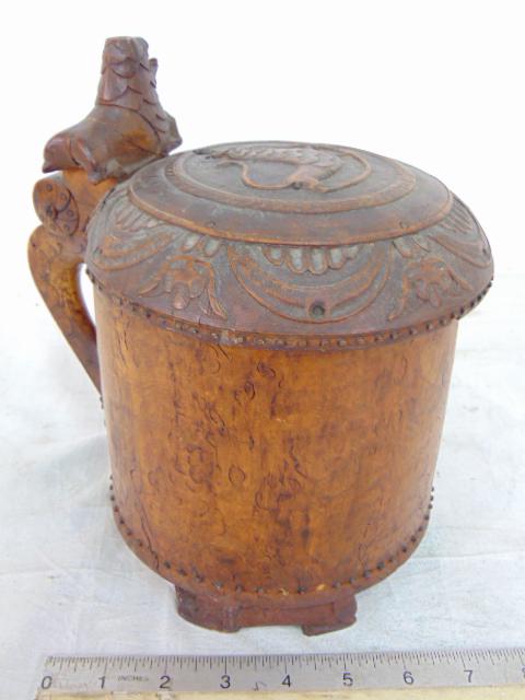 Antique Norse, Scandinavian wood tankard style vessel with hinged top, lion & various carvings, burl (1 of 11)
