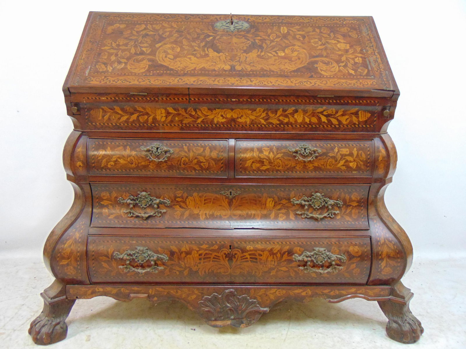 19th century Dutch marquetry inlaid desk, bombe front, extensive inlay with various birds, flowers, (1 of 9)