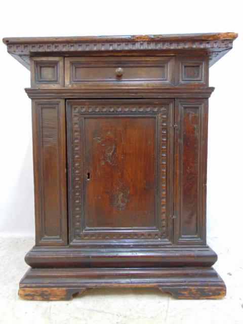 Small 18th century cabinet, single door, drawer, cabinet is 27.75" by 15", height is 32.5", some (1 of 5)
