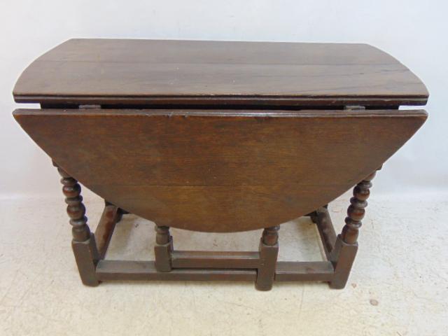 18th century drop leaf table, oak swing leg, cross stretcher base, table is 41.5" by 18", height is (1 of 7)