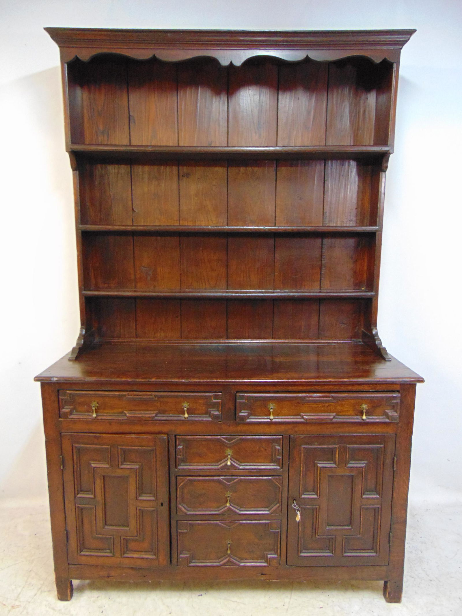 Antique Welsh cupboard, raised panel doors, drawers in base, plate rack top, two drawers over 3 (1 of 8)