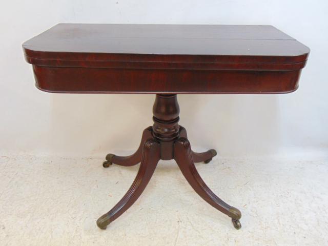 Mahogany Boston card table, with green felt interior, one board is split, needs repair, table is 35" (1 of 6)